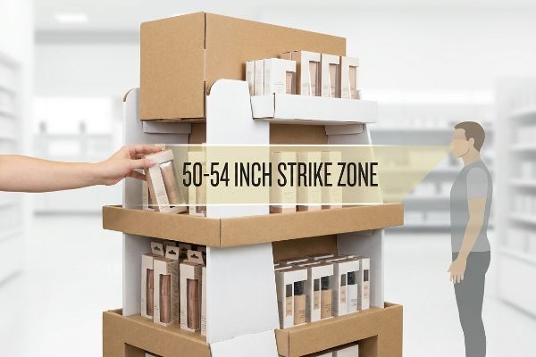 Brown corrugated cardboard retail display showcasing beauty products within the 50-54 Inch Strike Zone for optimal shopper ergonomics and impulse sales.