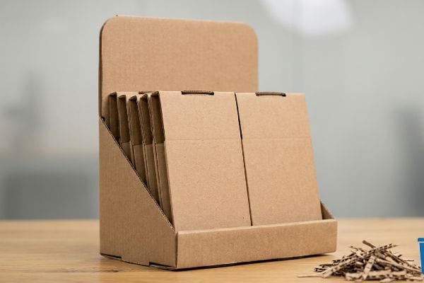 A brown corrugated cardboard counter display unit holds multiple flat-packed boxes, with shredded cardboard on a wooden table, emphasizing recyclability.