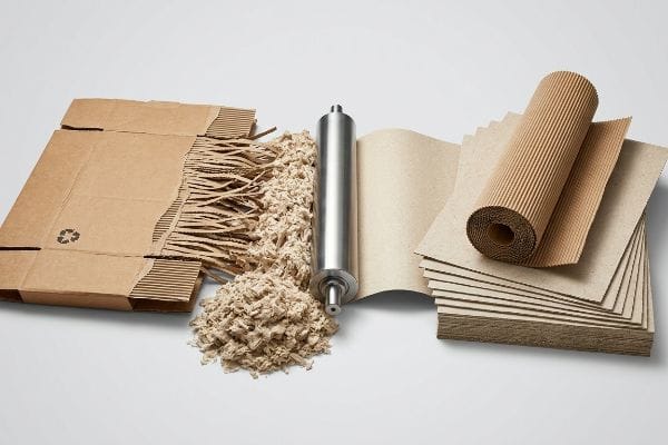 Recycled cardboard box, shredded paper fibers, and new corrugated sheets demonstrate the carton recycling process for packaging.