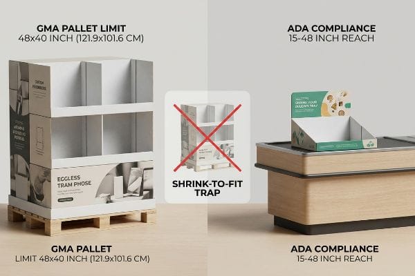 A large cardboard floor display on a GMA pallet (48x40 inch limit) with 'Eggless Tram Phose' branding, contrasting with a 'Shrink-to-Fit Trap' image and an ADA-compliant counter display (15-48 inch reach) on a checkout counter.
