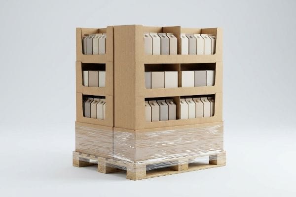 A retail-ready corrugated cardboard PDQ pallet display unit, filled with light-colored product boxes, shrink-wrapped on a wooden pallet.