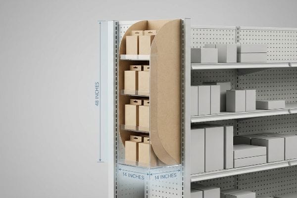 段ボール製のサイドキャップディスプレイ。透明なアクリル製の棚板が付いており、茶色の箱を収納できます。高さ48インチ、幅14インチで、小売店のエンドキャップに最適です。.
