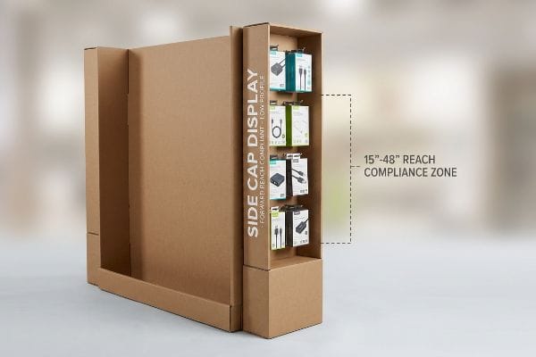 Brown corrugated Side Cap Display with electronic accessories, highlighting 15