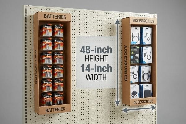 Cardboard sidekick displays on a pegboard, showing Energizer batteries and electronic accessories with 48-inch height and 14-inch width dimensions.