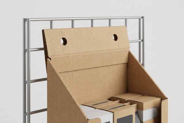 Brown corrugated sidekick display's double-wall header with two punched mounting holes, attached to a metal retail rack.