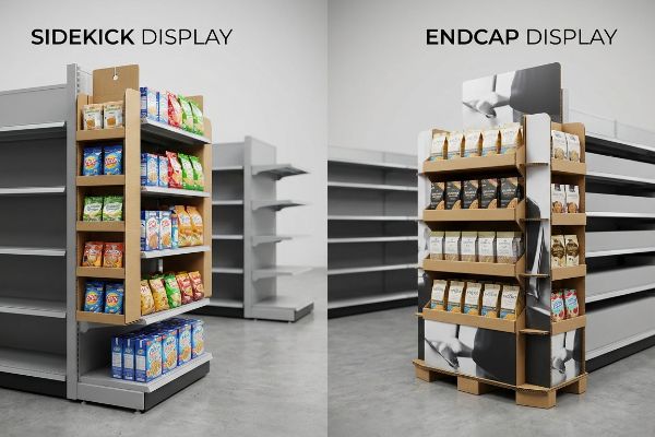A retail store setting features a Sidekick Display attached to shelving and a freestanding Endcap Display, both made of corrugated cardboard and filled with various packaged products.