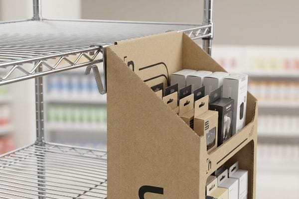 Corrugated cardboard sidekick display securely attached to a chrome wire shelf with a metal S-clip, filled with retail products.