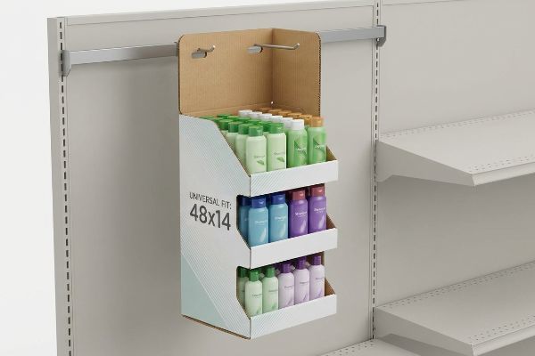 Corrugated sidekick power wing display, Universal Fit: 48x14, holding green, blue, and purple shampoo bottles on retail shelving.