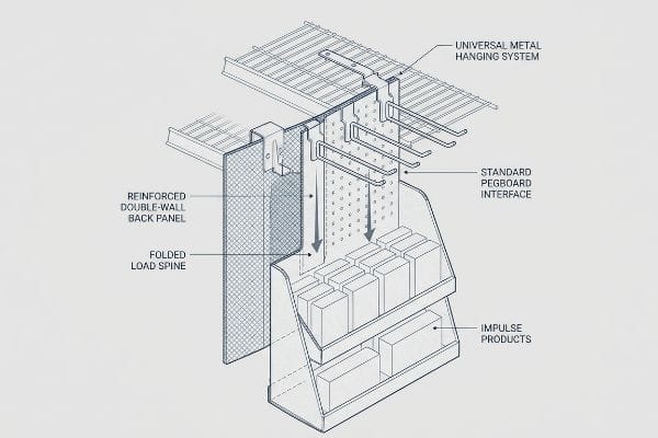 A cutaway diagram details a sidekick display with a Universal Metal Hanging System, Reinforced Double-Wall Back Panel, Folded Load Spine, Standard Pegboard Interface, and Impulse Products.