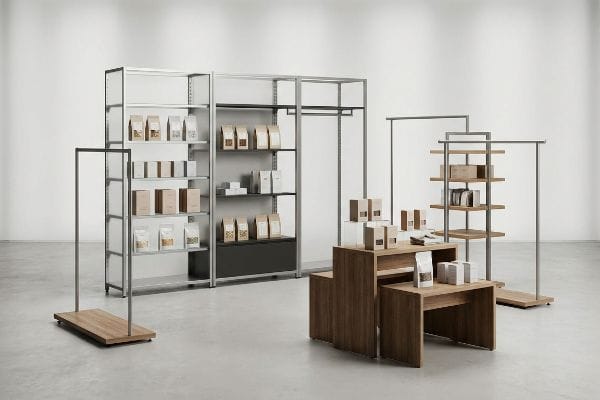 现代零售环境的特点是:银色货架展示包装好的商品、木制展示架和极简主义的金属货架。.