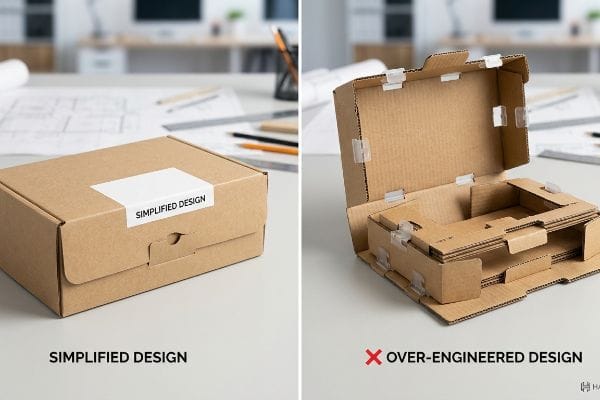 Brown corrugated cardboard box comparison: a simple 'Simplified Design' box versus an open, complex 'Over-Engineered Design' with plastic clips.
