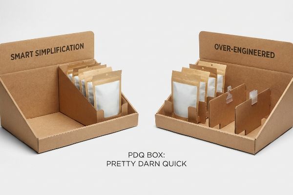 Brown corrugated PDQ boxes compare