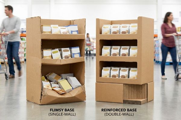 Cardboard display stands compare a collapsed Flimsy Base (Single-Wall) to a stable Reinforced Base (Double-Wall) for retail durability.