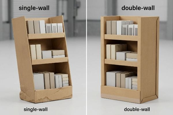Los expositores de cartón corrugado marrón para comercios comparan una unidad de pared simple inclinada con una estructura robusta de doble pared, destacando su durabilidad.