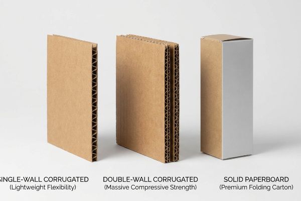 Single-Wall Corrugated (Lightweight Flexibility), Double-Wall Corrugated (Massive Compressive Strength), Solid Paperboard (Premium Folding Carton) samples.