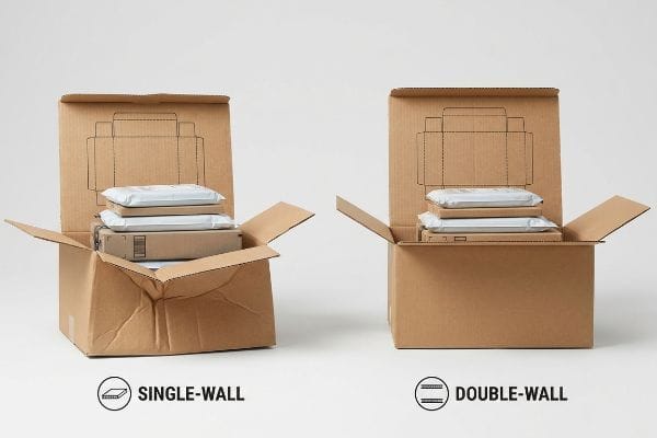 Two open brown corrugated cardboard boxes, one Single-Wall with a crushed base and one sturdy Double-Wall, both containing packaged items.