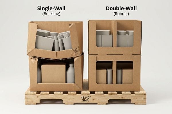 GMA 48x40 pallet supporting corrugated displays, contrasting a buckling Single-Wall box with a robust Double-Wall structure, filled with grey and brown products.