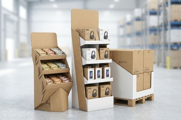 In a warehouse, two corrugated cardboard retail displays showcase packaged snacks, headphones, and smartphones, with 'sLogo' branded boxes on a pallet.