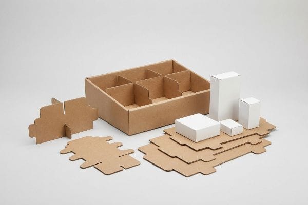 Brown corrugated cardboard display with six compartments, alongside flat-packed modular dividers and white product boxes, showcasing flexible pop-up shop solutions.