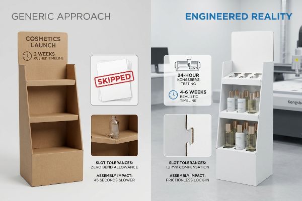 Brown Generic Approach display with zero bend allowance versus white Engineered Reality cosmetic display with 1.2 mm slot compensation.
