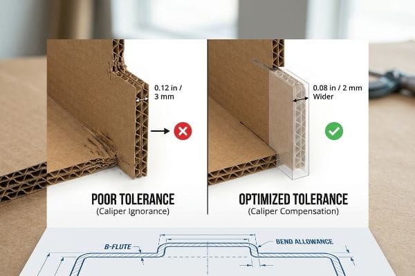 Corrugated cardboard demonstrates Poor Tolerance (0.12 in / 3 mm) vs. Optimized Tolerance (0.08 in / 2 mm Wider) via Caliper Compensation.