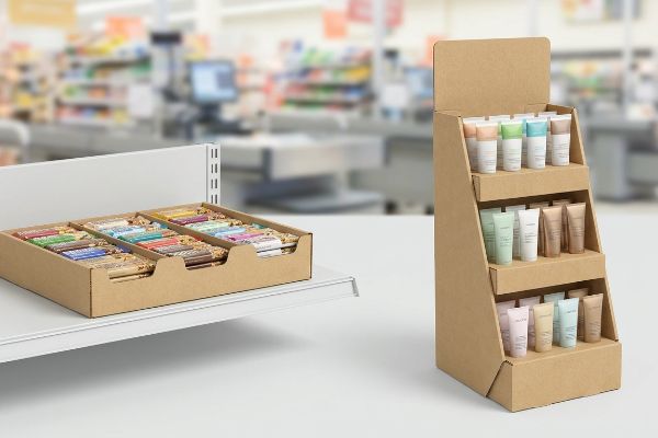 Der Kassenbereich im Einzelhandel ist mit einem braunen, gewellten PDQ-Tablett ausgestattet, auf dem bunte Snackriegel in einem Regal stehen, sowie mit einem mehrstufigen Thekendisplay, auf dem Kosmetiktuben in Pastellfarben präsentiert werden.