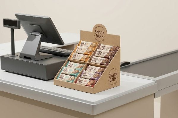 Cardboard POS display featuring various
