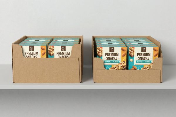 Las bandejas PDQ de cartón corrugado exhiben las barritas Premium Snacks de sal marina y almendras con una visibilidad de la etiqueta del 85 % en un estante blanco.