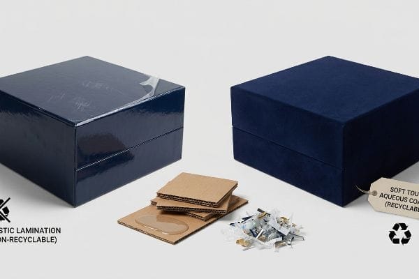 Dark blue box with Plastic Lamination (Non-Recyclable) versus Soft Touch Aqueous Coating (Recyclable).