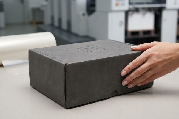 A hand gently touches a dark grey box with an embossed logo, showcasing its premium soft touch lamination finish, with clear film in the background.