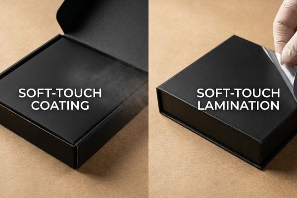 A split image illustrates soft-touch coating on an open black box and soft-touch lamination being peeled from a closed black box.