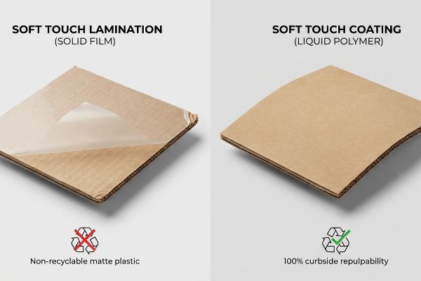 Corrugated board comparison: Soft Touch Lamination (Solid Film) with non-recyclable plastic vs. Soft Touch Coating (Liquid Polymer) with 100% curbside repulpability.