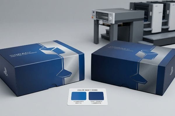 Color Shift Demo card illustrates soft touch lamination's optical darkening, comparing standard matte blue to a deepened Coracy electronics box.