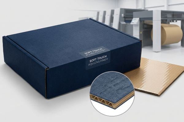 Dark blue corrugated box featuring a Soft Touch Aqueous Finish label, a cross-section showing corrugated layers, and a printing press.
