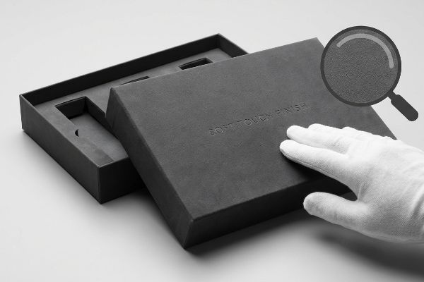 Dark grey premium box with 'Soft Touch Finish' embossed lid, touched by a white-gloved hand, highlighting luxury tactile packaging.