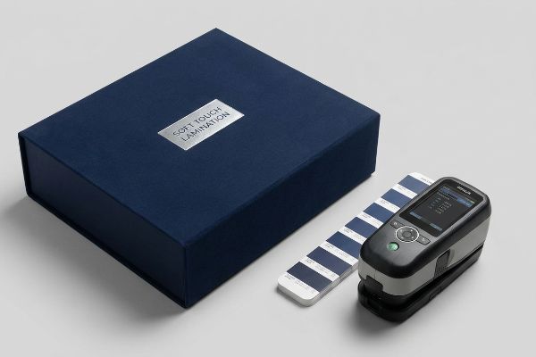 Navy blue box featuring a 'Soft Touch Lamination' label, alongside a spectrophotometer and a blue color swatch for precise color matching.