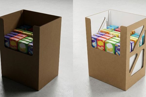 Dark brown corrugated POP display with solid side panels creating a shadow zone over colorful FMCG product boxes.