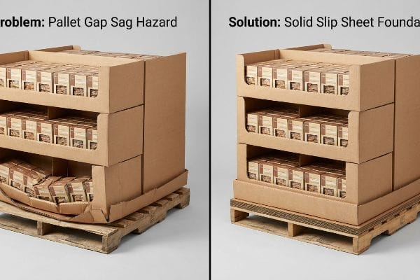 Corrugated display units on wooden pallets, contrasting Pallet Gap Sag Hazard with a Solid Slip Sheet Foundation solution.