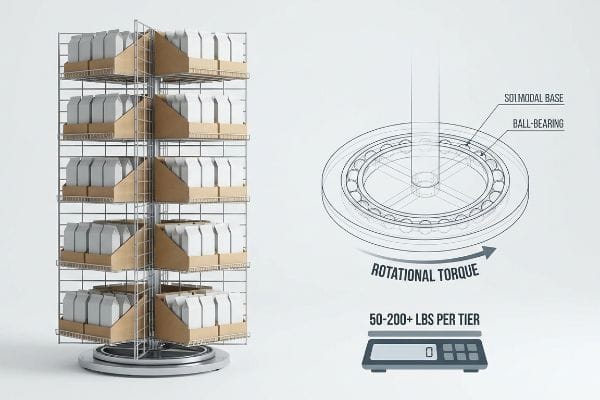 A rotating display rack's Solimodal Base and Ball-Bearing mechanism are illustrated, showing 50-200+ Lbs Per Tier capacity.