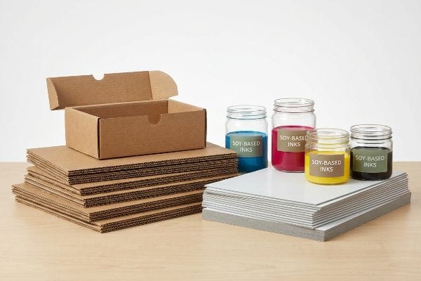 Stacks of FSC-certified corrugated kraft board and white CCNB sheets with jars of blue, magenta, yellow, and dark green Soy-Based Inks for eco-friendly printing.