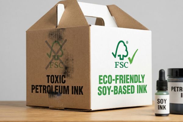 Cardboard box comparing 'Toxic Petroleum Ink' (crossed-out FSC) to 'Eco-Friendly Soy-Based Ink' (FSC certified), with soy and petroleum ink bottles.