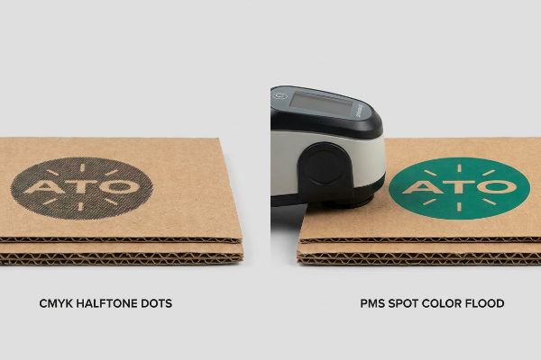 Corrugated cardboard samples comparing Ato logo printed with CMYK halftone dots to a vibrant PMS spot color flood, measured by a spectrophotometer.