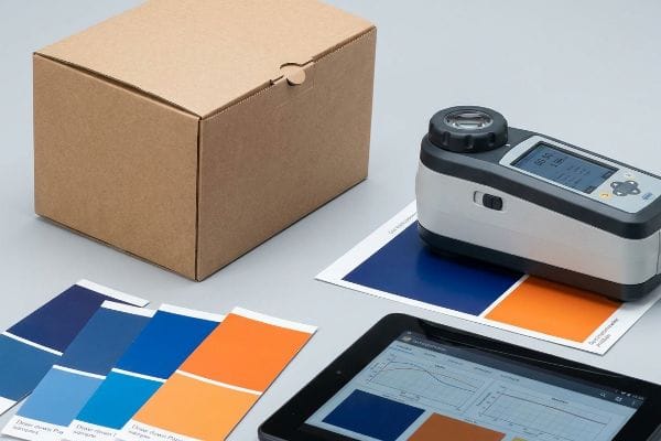 Spectrophotometer precisely measures blue and orange color swatches for retail packaging quality control, beside a cardboard box and tablet.