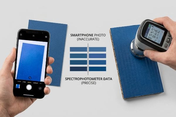 A spectrophotometer measures blue corrugated cardboard, contrasting with a smartphone's inaccurate color photo and a chart showing 'Smartphone Photo (Inaccurate)' versus 'Spectrophotometer Data (Precise)'.