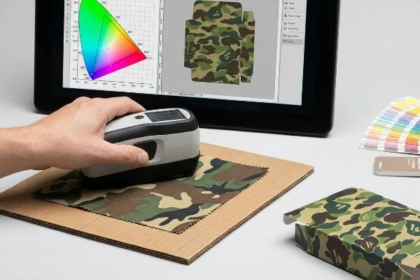 手工使用分光光度计测量迷彩布料样品,以便在屏幕上进行 CMYK 颜色匹配。.
