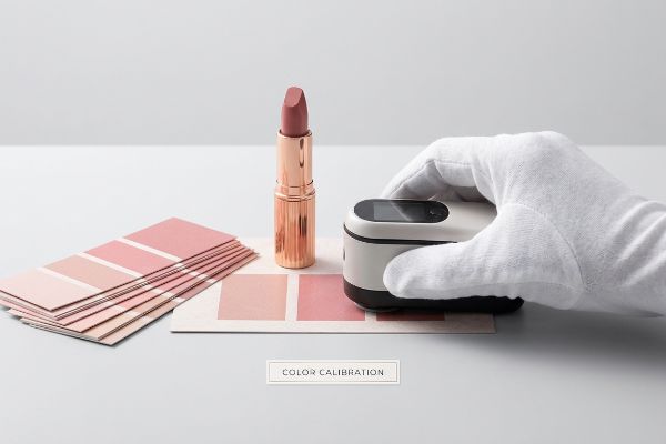 White-gloved hand uses a spectrophotometer to measure nude pink lipstick and color swatches for cosmetic color calibration.