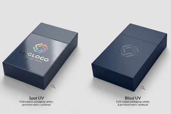 Dark blue custom packaging cartons: spot UV Loglogo Printing Here on one, blind UV logo on the other, both premium matte.