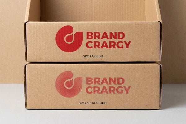 Corrugated boxes showcase Brand Crargy logos, contrasting vibrant Spot Color printing with grainy Cmyk Halftone, demonstrating print quality.