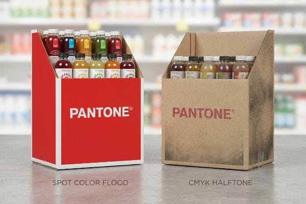 Vibrant red Pantone spot color flood display box contrasts with a muted CMYK halftone corrugated display, both showcasing beverage bottles.
