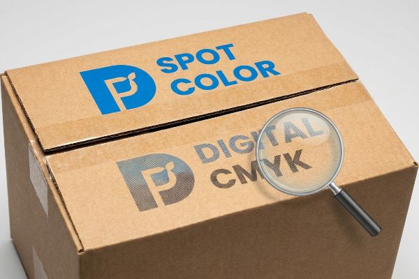 Brown corrugated box contrasting vibrant Spot Color printing with grainy Digital Cmyk halftone dots under a magnifying glass.